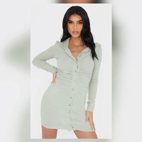 Sage Green Brushed Rib Long Sleeve Ruched Button Up Dress